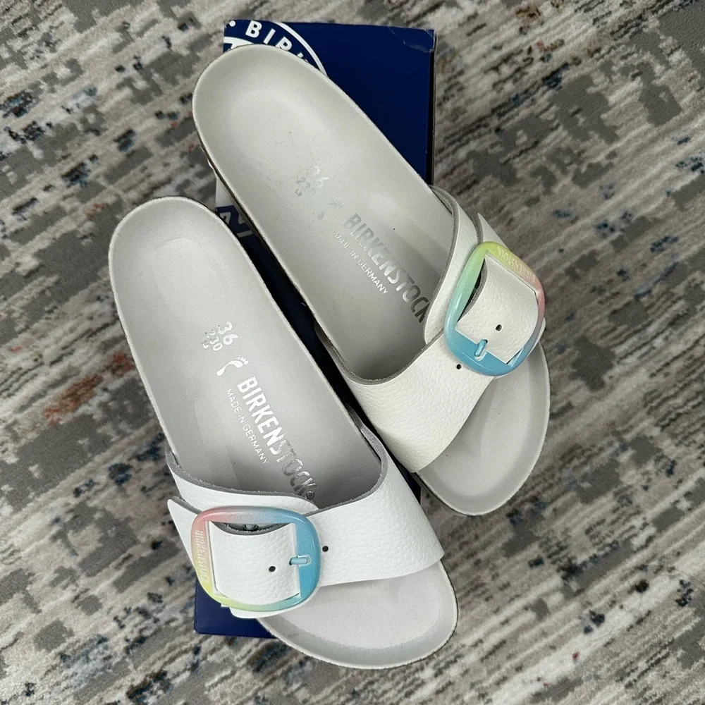Birkenstock White Leather Madrid Big Buckle with Multicolor Buckle 36 - Picture 1 of 10